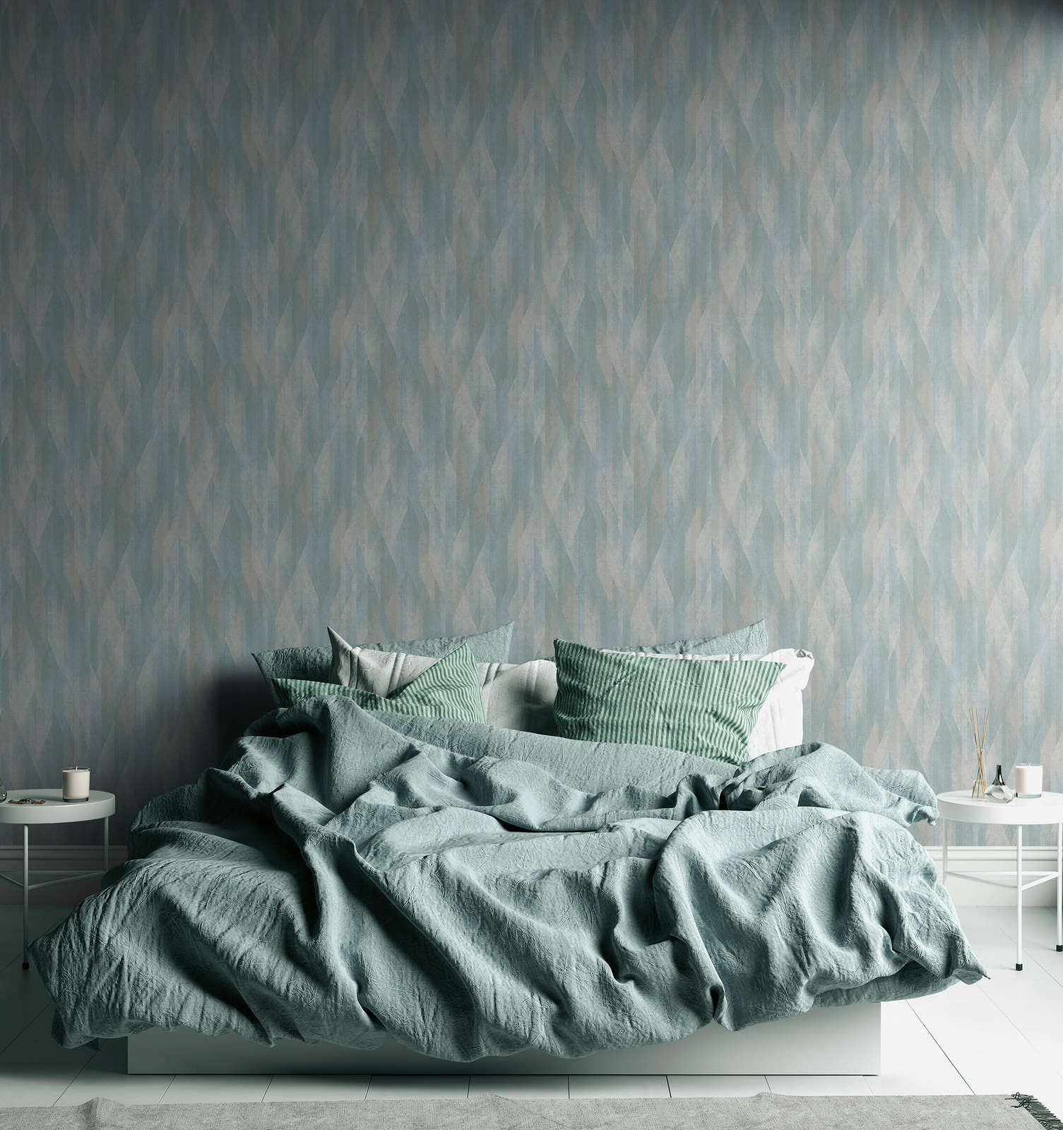             Pattern wallpaper with graphic lozenges - turquoise, blue, cream
        