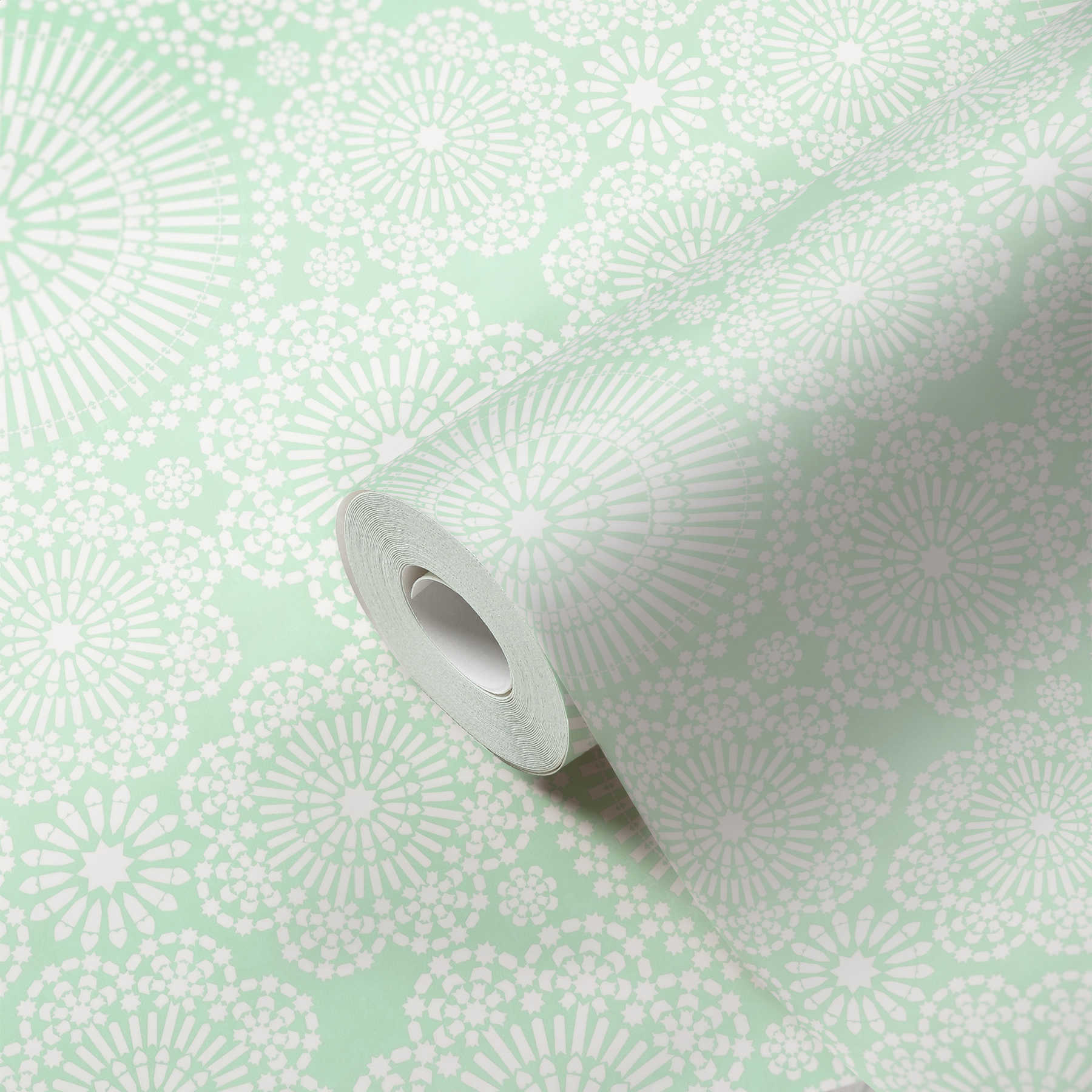             Papier peint Mandala avec design floral - bleu, vert, blanc
        