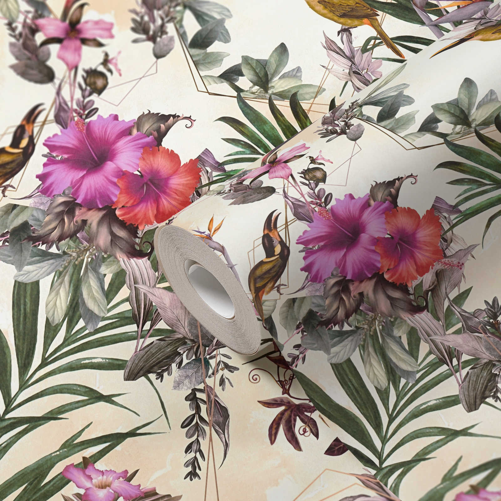             Papel pintado con diseño de flores y pájaros de estilo artístico - beige, verde, rosa
        
