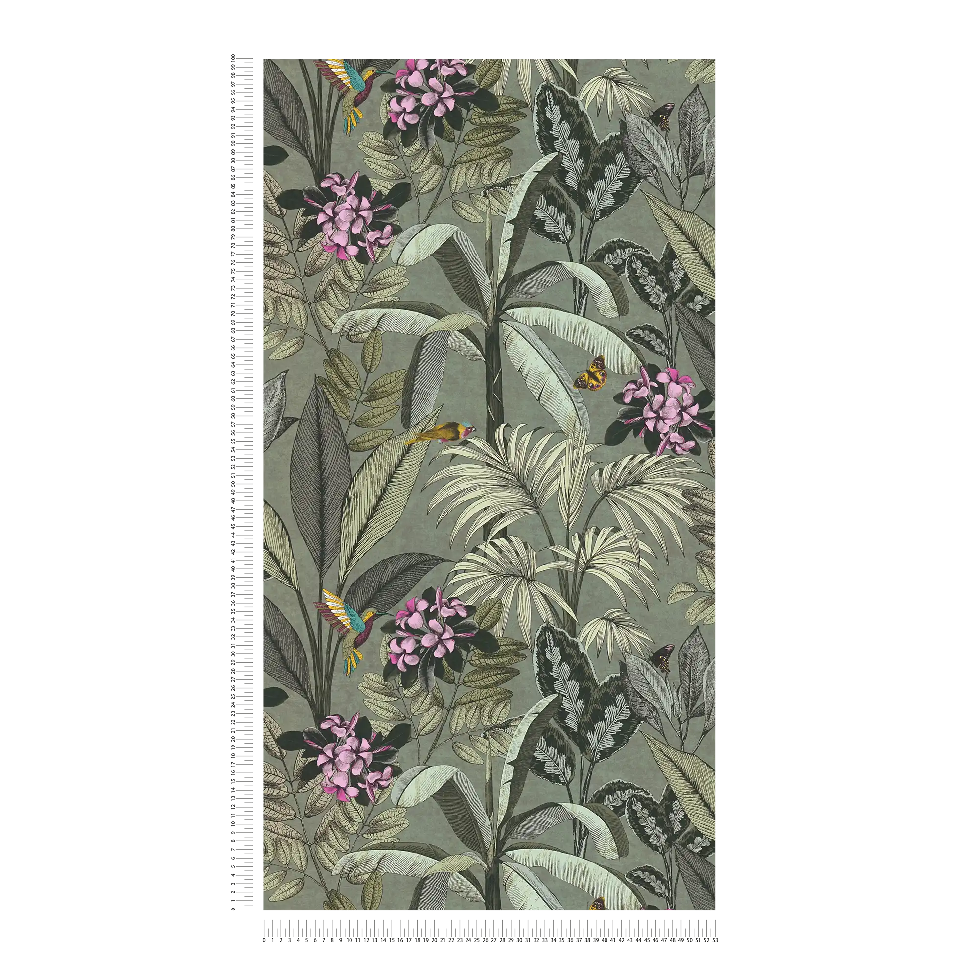             Jungle papier peint feuilles, fleurs et oiseaux - gris, vert
        