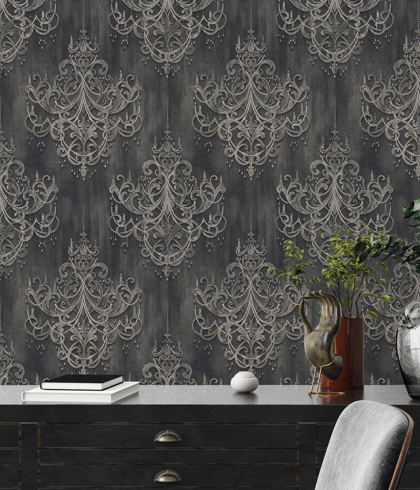             Black wallpaper beaded pattern, ornaments & metallic effect
        