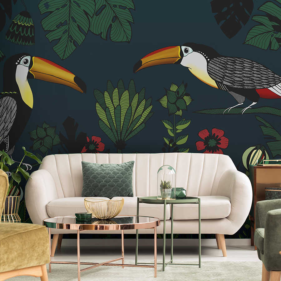 Photo wallpaper jungle pattern with birds in drawing style
