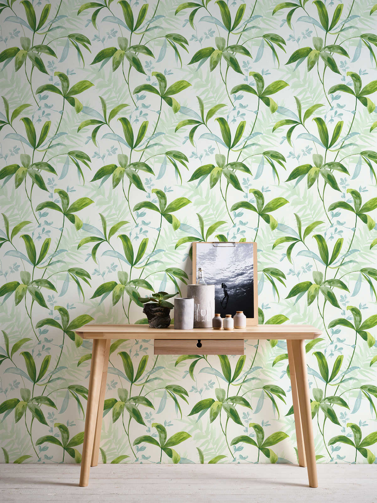             Non-woven wallpaper green leaves in watercolour style - green, white
        