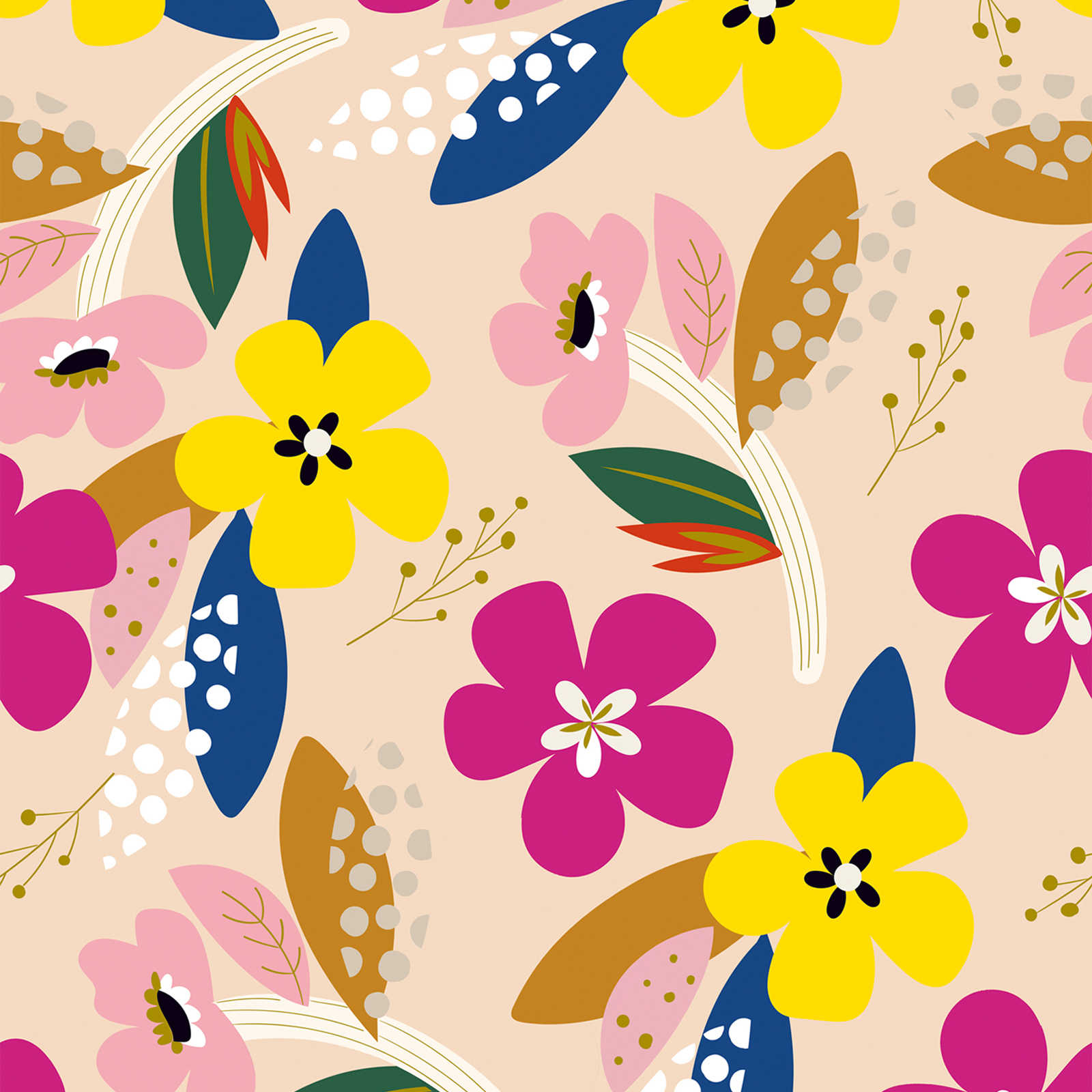 Papel pintado con motivos florales en colores vivos - Colorido, beige, amarillo
