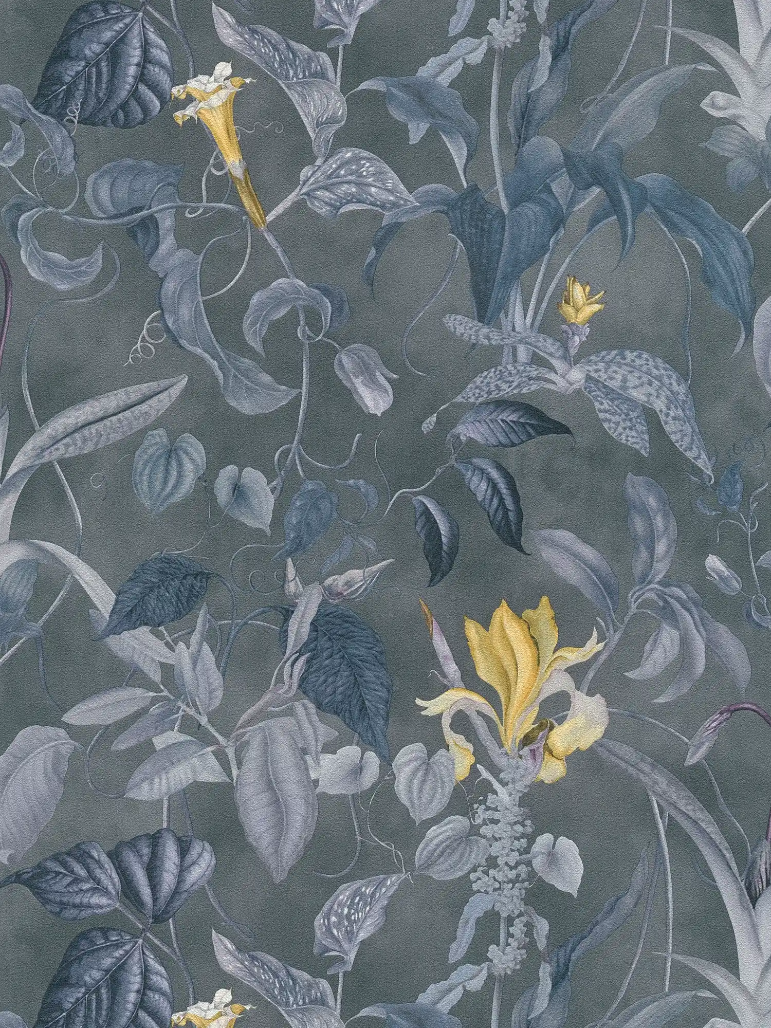             Papel pintado floral tropical gris-azul, Diseño de MICHALSKY
        