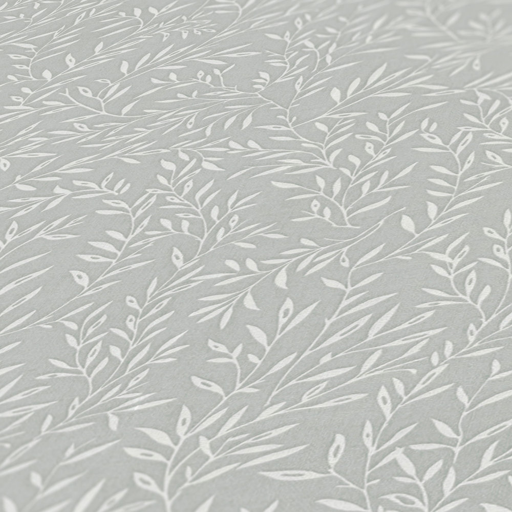             Wallpaper with leaf tendrils in country style - grey, white
        