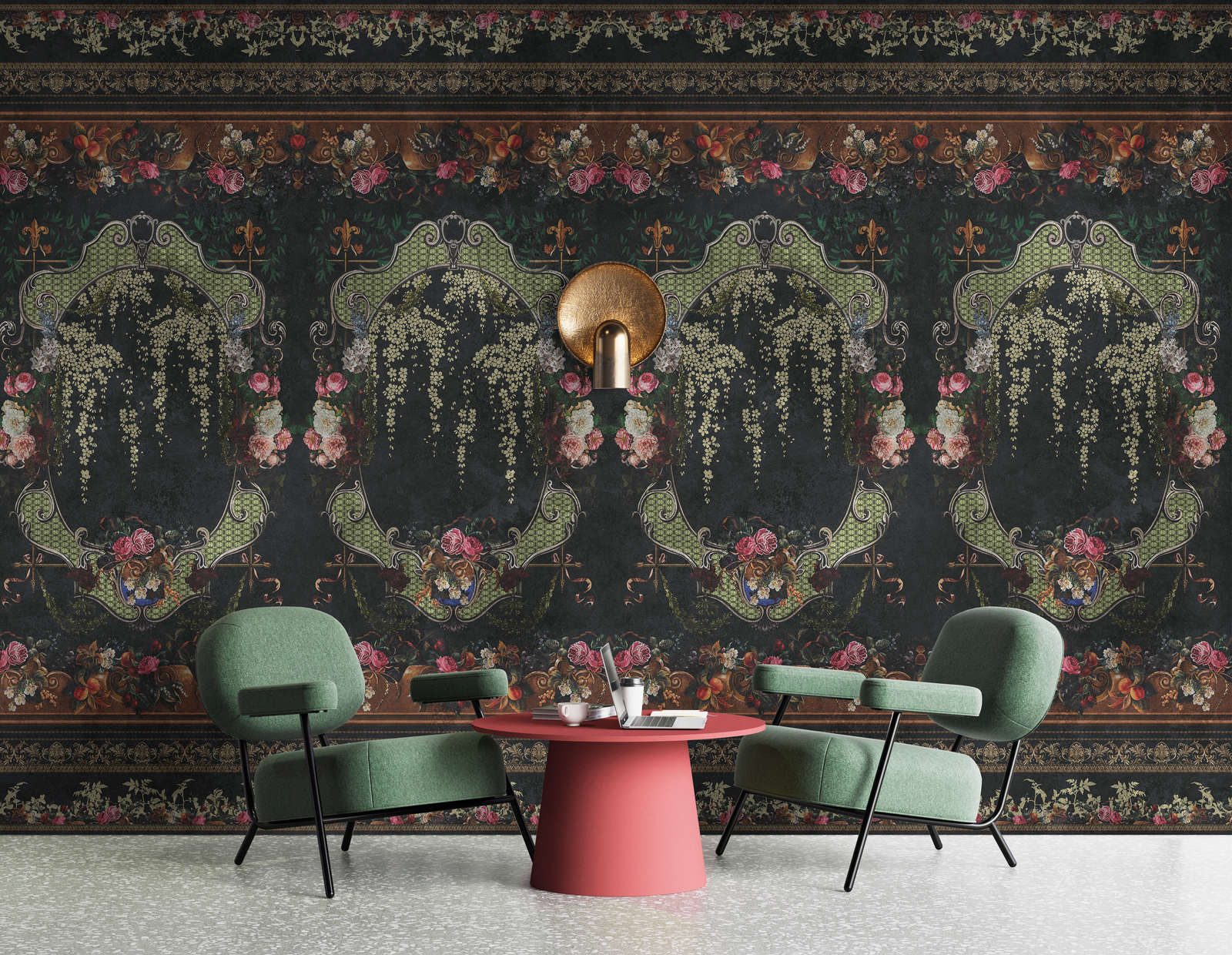            Photo wallpaper »babette« - Ornamental panelling with floral design on vintage plaster texture - red, dark blue | Smooth, slightly shiny premium non-woven fabric
        