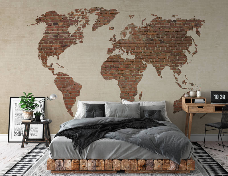            Papier peint panoramique imitation mur et carte du monde - crème, marron
        