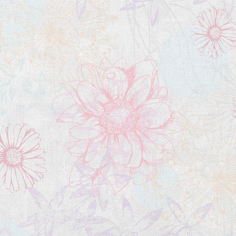 Papier peint à l'aspect lin & motifs floraux - rose, blanc, bleu

