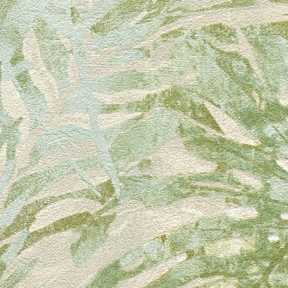             Non-woven wallpaper with jungle leaves PVC-free - green, beige
        