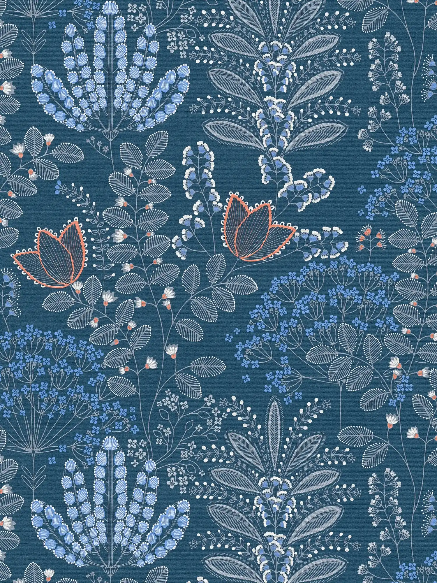 Papel pintado no tejido floral con hojas en estilo retro textura ligera, mate - azul, blanco, gris
