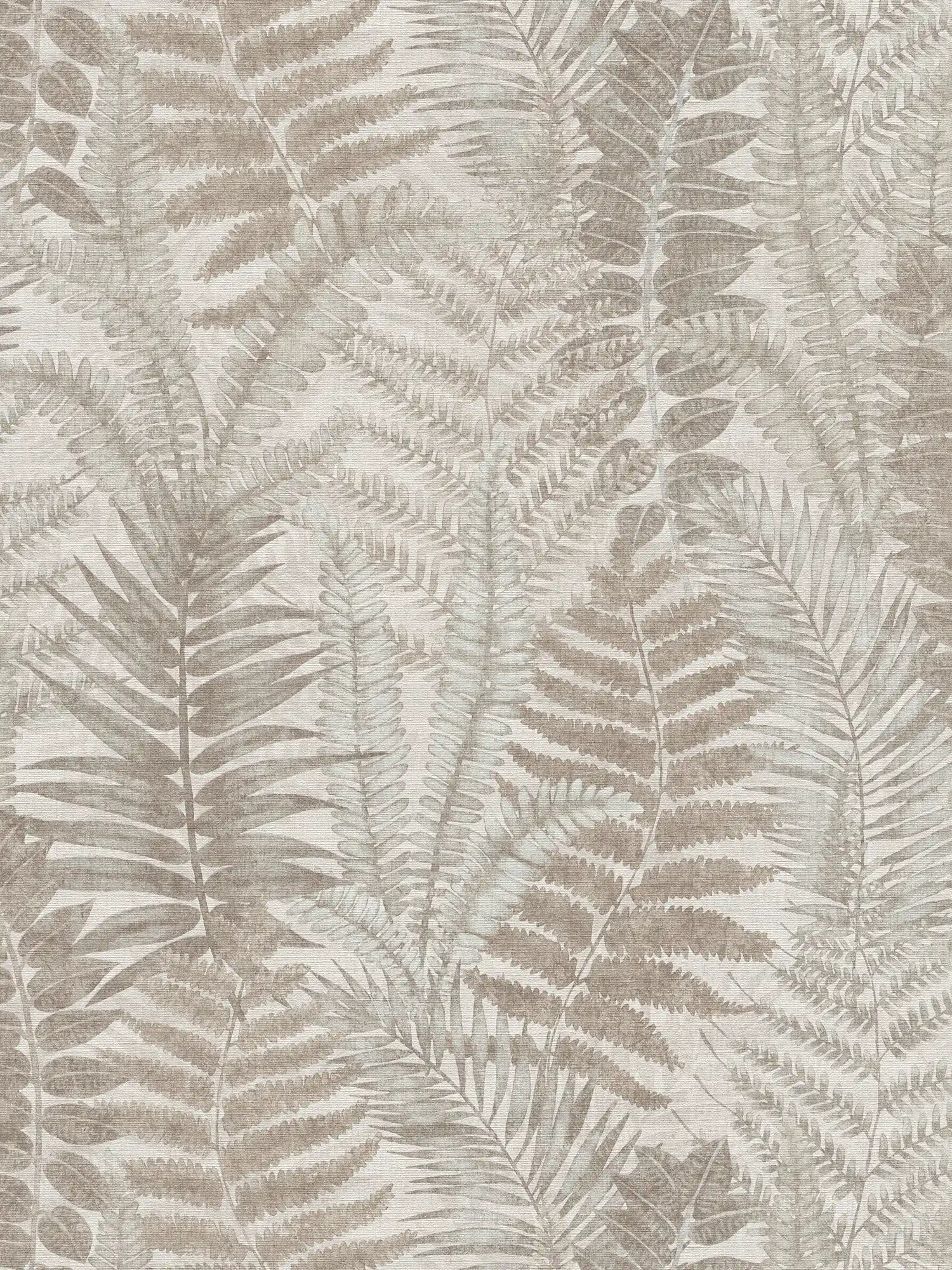 Papel pintado tejido-no tejido floral con hojas de helecho ligeramente texturado, mate - gris, beige, topo
