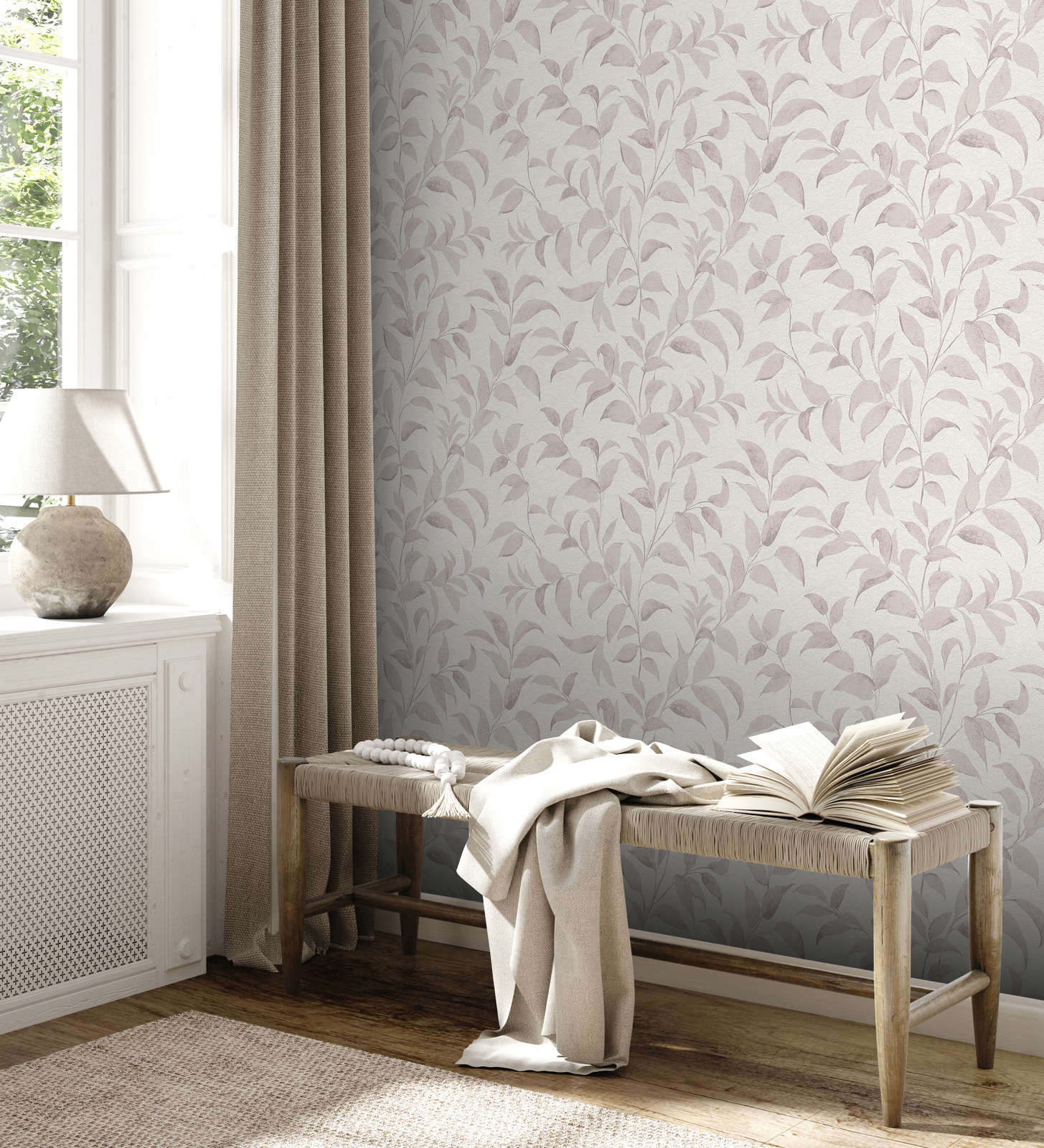             wallpaper floral with leaves shimmer textured - white, beige, grey
        