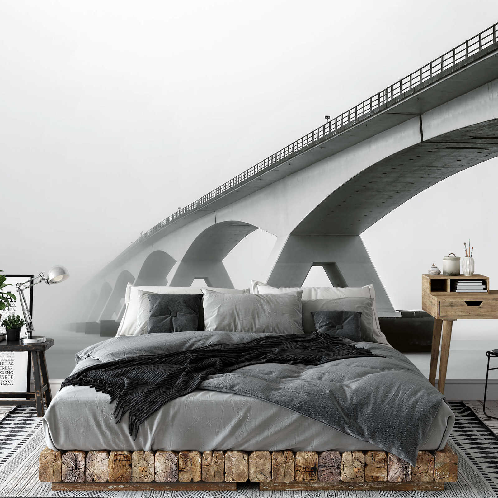            Photo wallpaper bridge in the fog - grey, white, black
        