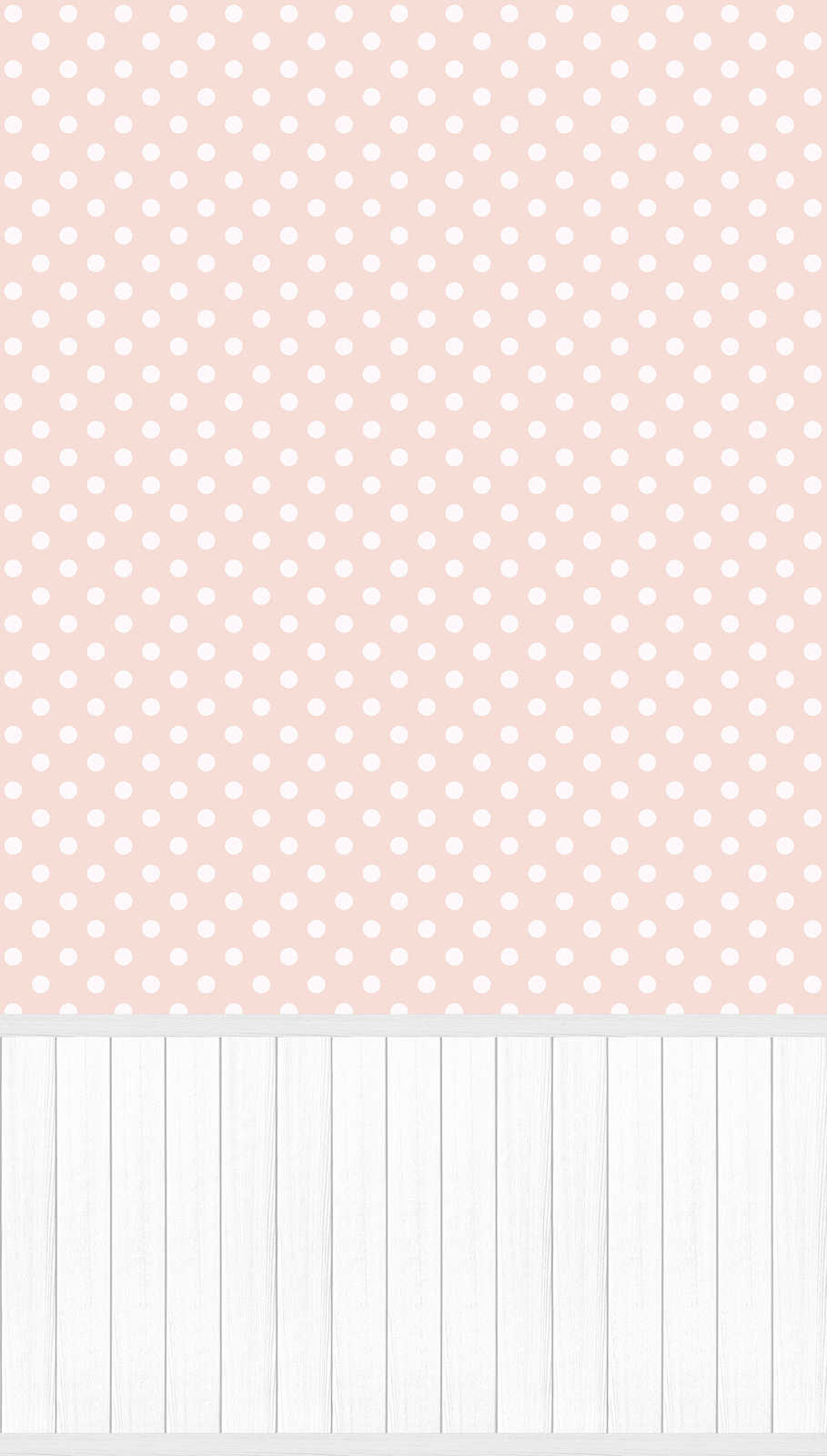             Non-woven motif wallpaper with wood-effect plinth border and dot pattern - white, grey, pink
        