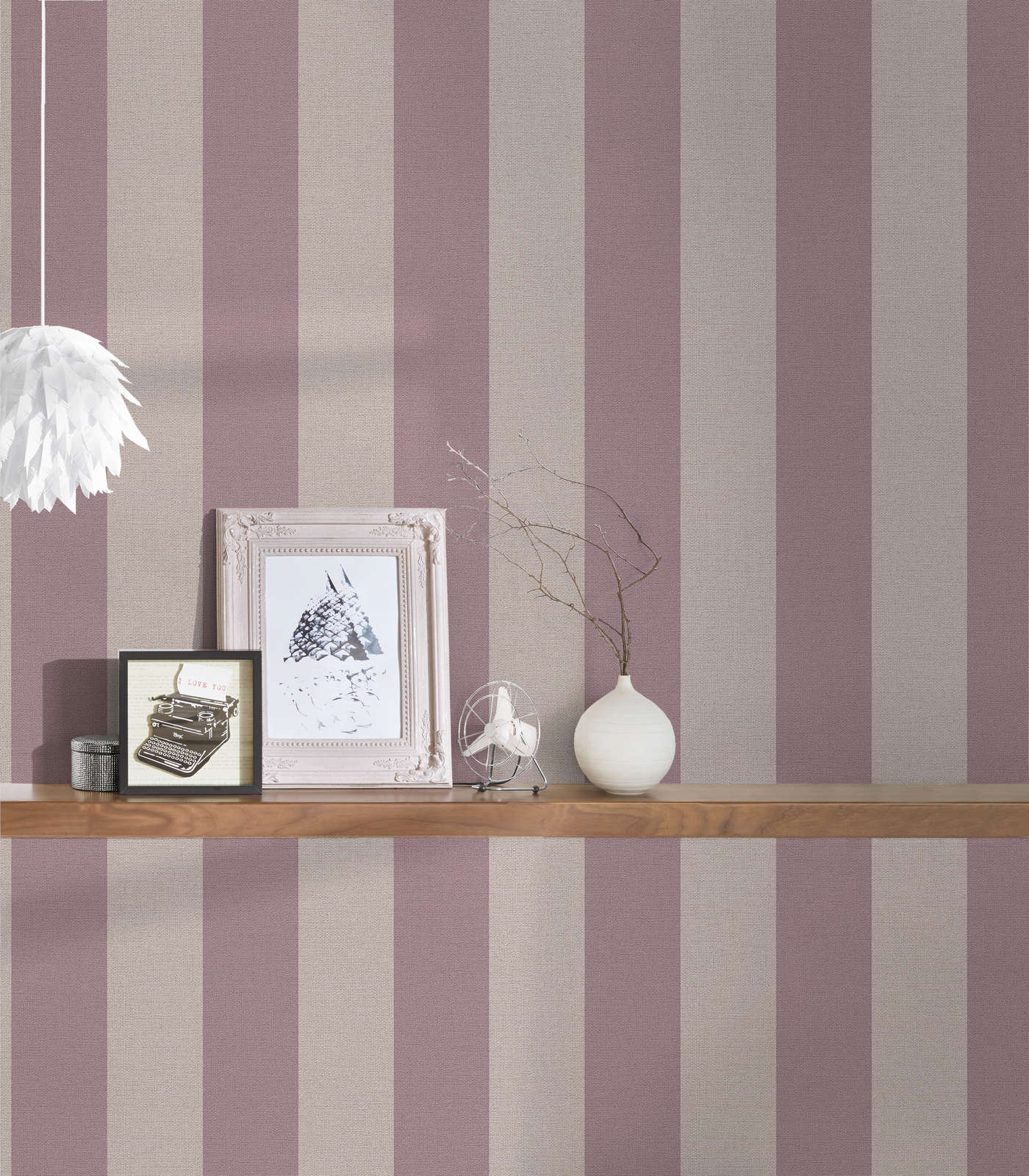             PVC-free striped wallpaper with linen look - purple, grey
        
