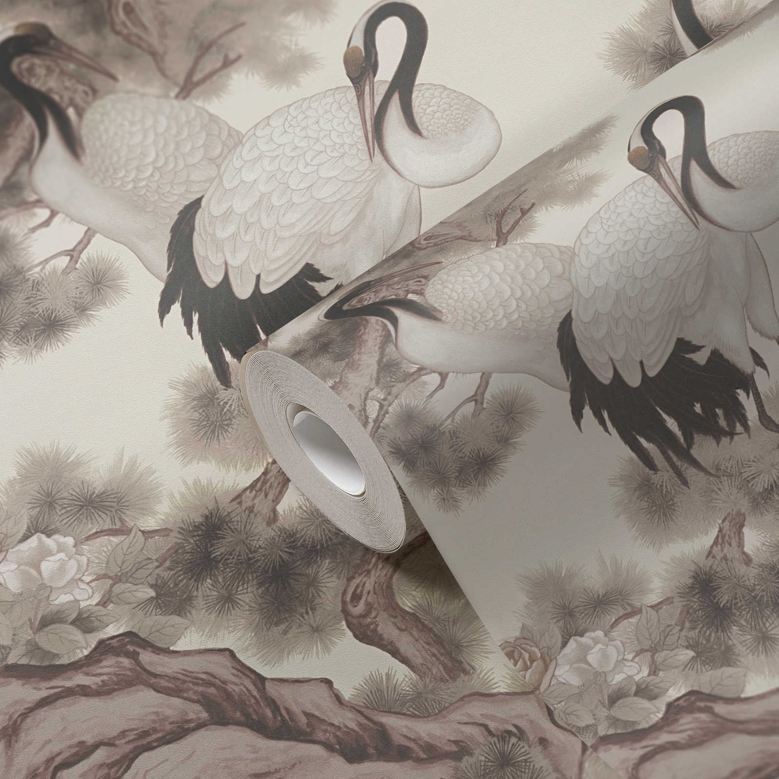             Papel pintado Japandi grúas en estilo asiático - crema, gris
        