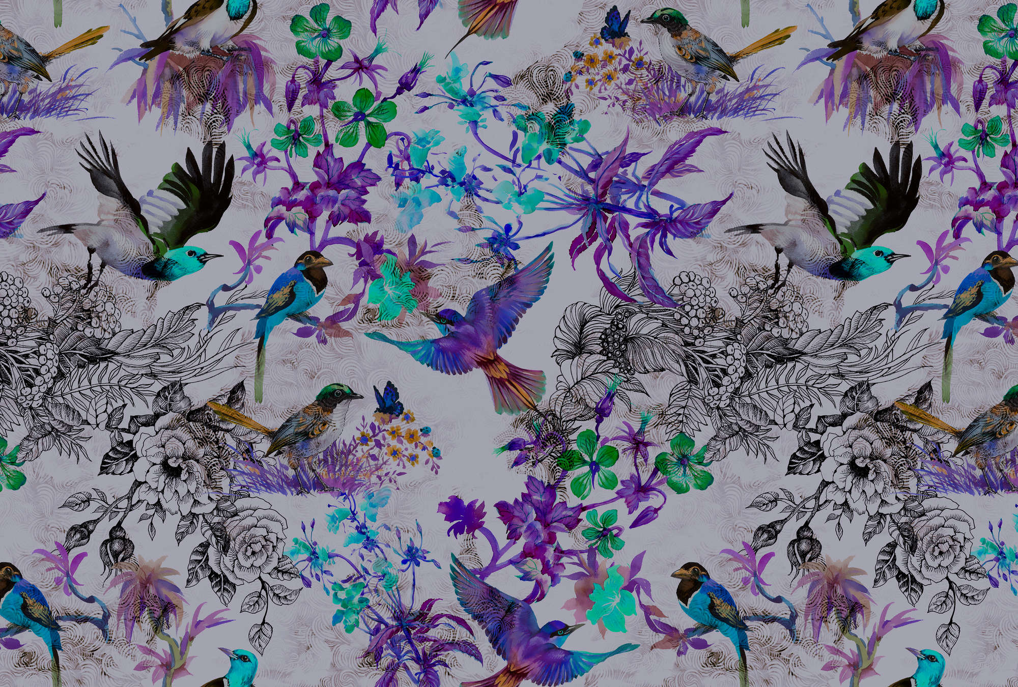             Carta da parati viola con fiori e uccelli - Blu, grigio
        