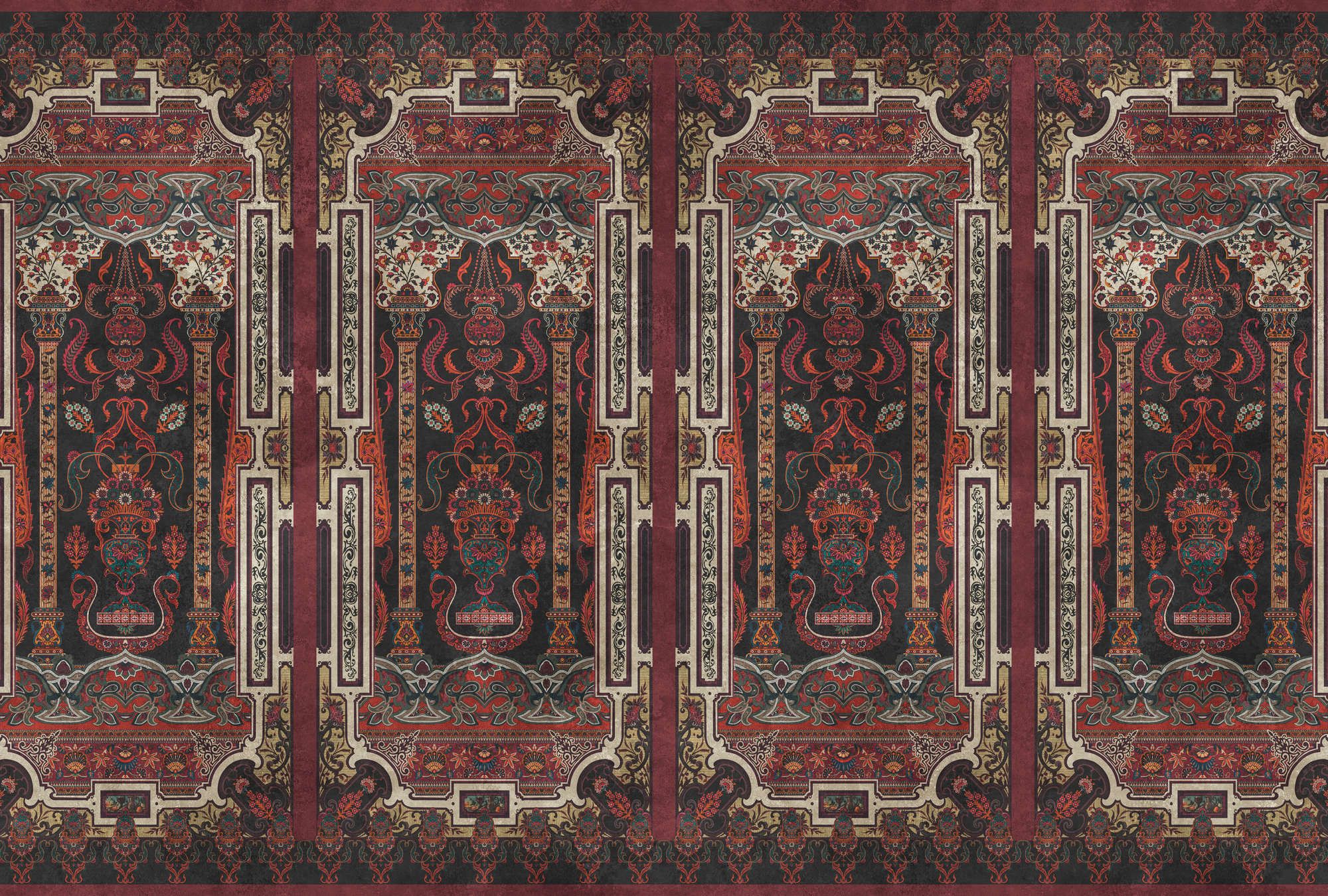             Photo wallpaper »karim« - Ornamental panelling with vintage plaster texture - Dark red | Smooth, slightly shiny premium non-woven fabric
        