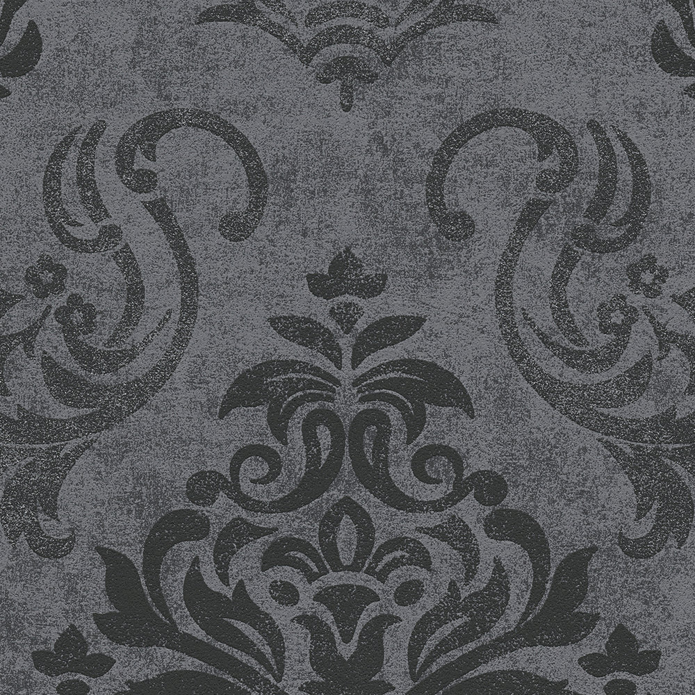             Papel pintado de adornos de estilo barroco con efecto de brillo - gris, metálico, negro
        