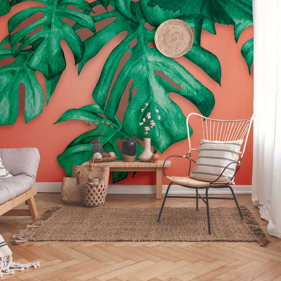 Tropical Palm Leaves Onderlaag behang - Groen, Oranje
