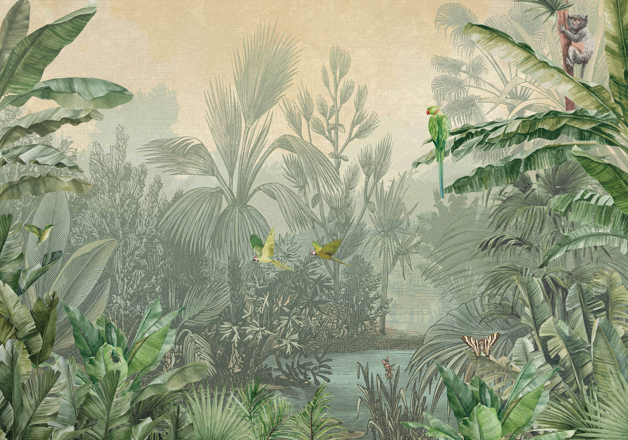             Papier peint panoramique vert jungle palmiers & perroquets style dessin
        