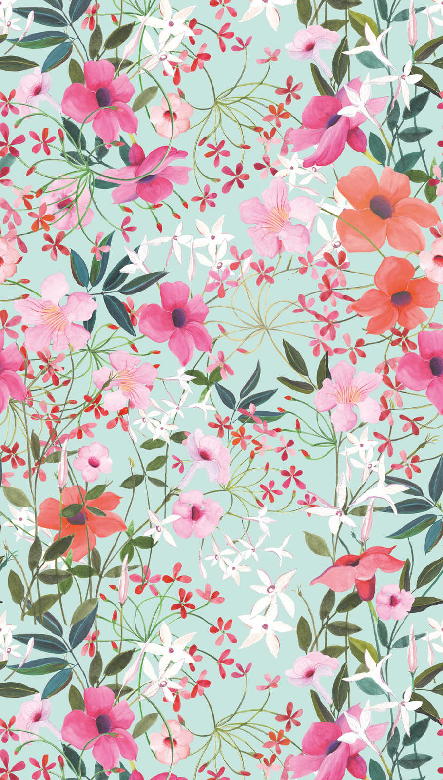             Non-woven wallpaper with floral motif and leaves - multicoloured, turquoise, green
        