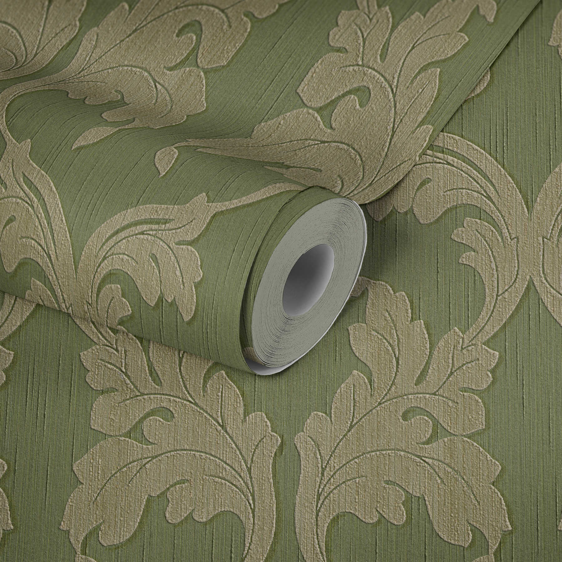             Wallpaper with ornamental vines & textured pattern - green
        