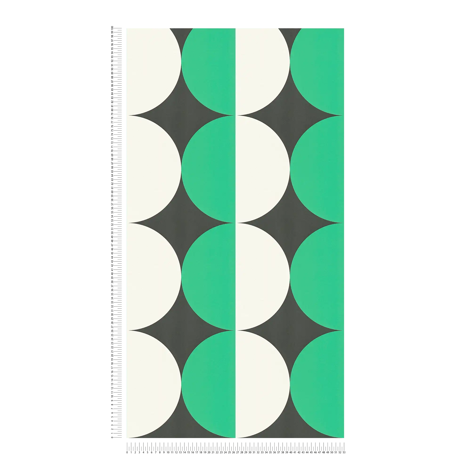             Papel pintado no tejido de estilo retro años 70 con motivos circulares - verde, blanco, negro
        