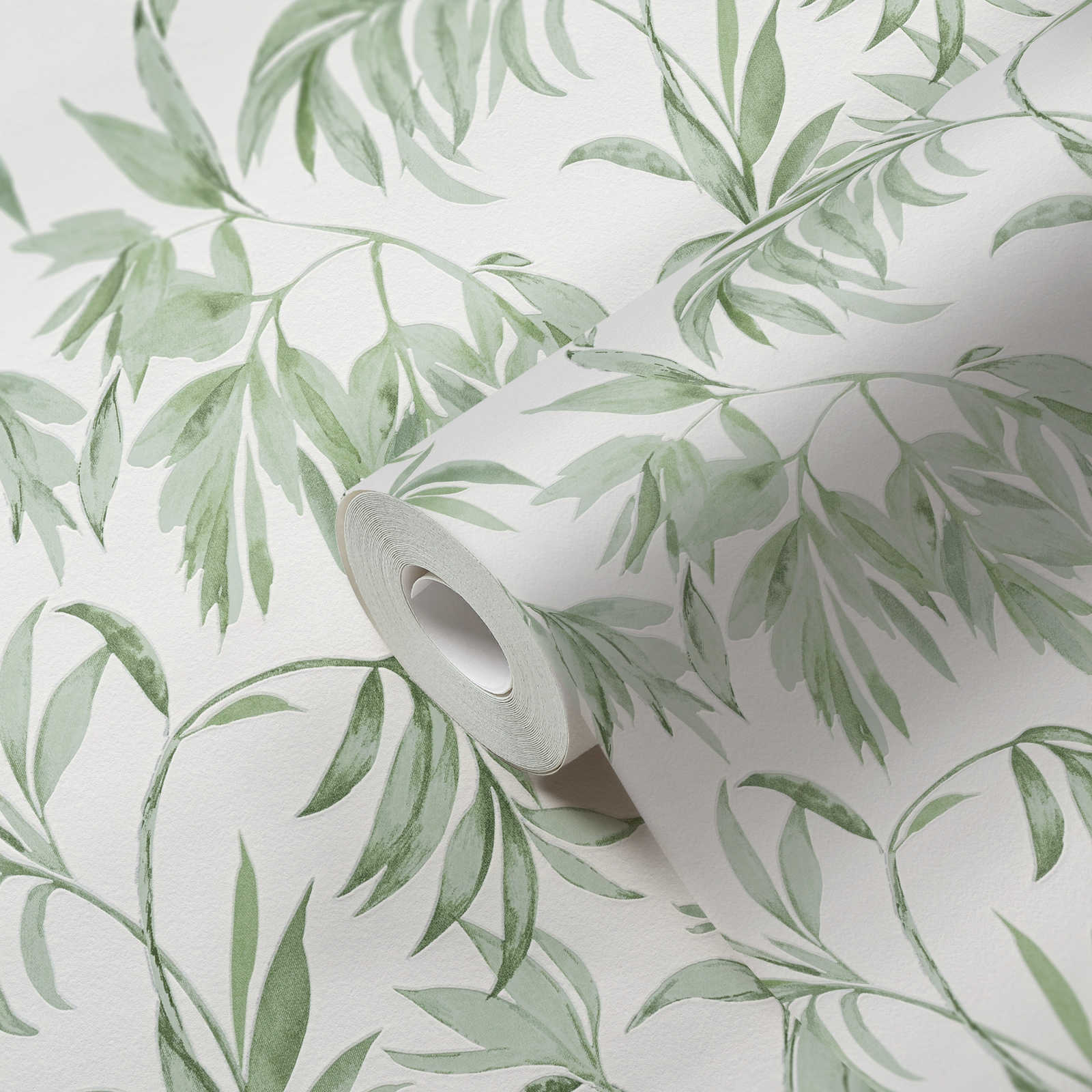             Aquarel stijl bladranken behang - groen, wit
        