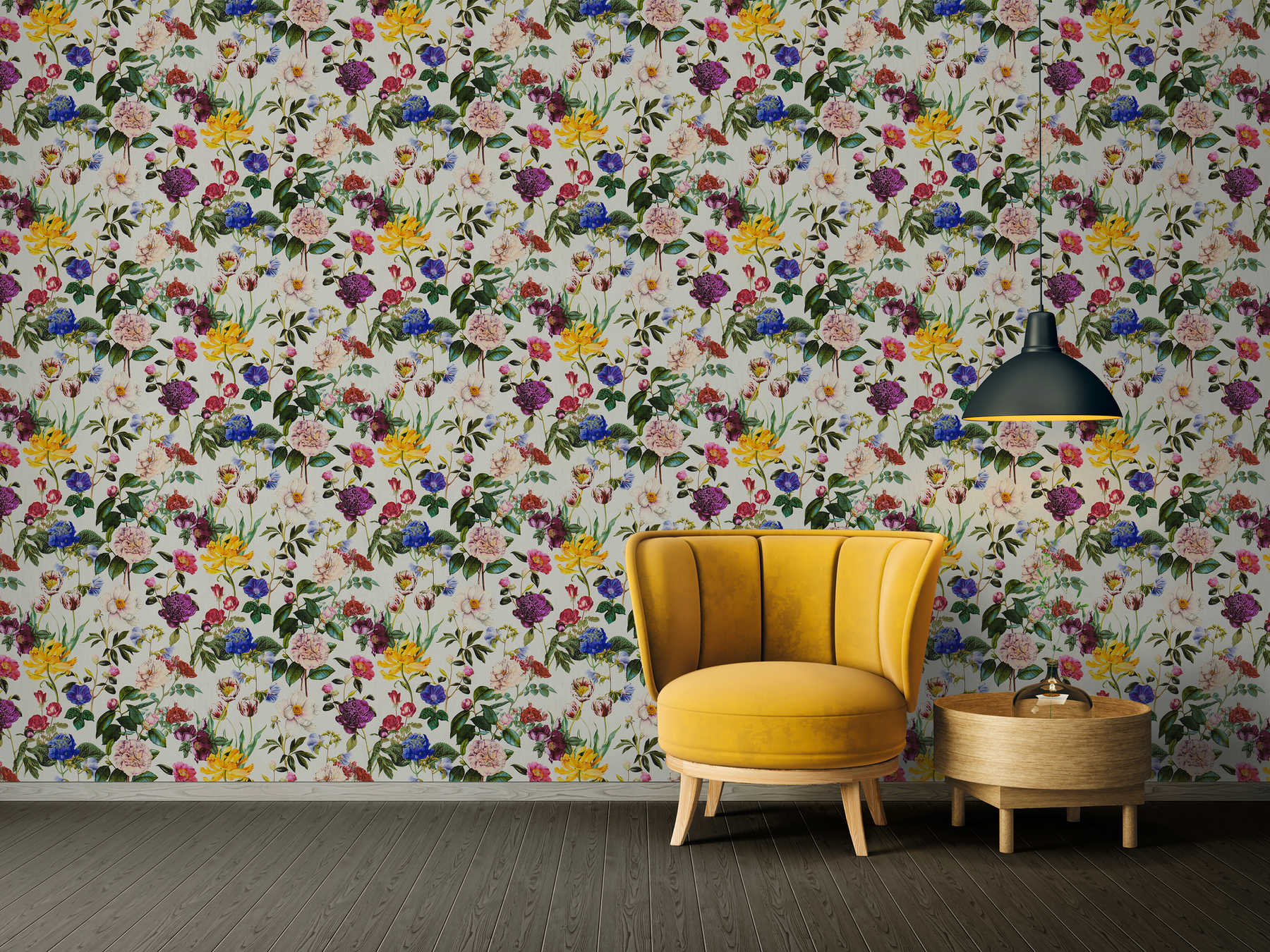             Floral wallpaper with flowers in bright colours - colourful, green, grey
        