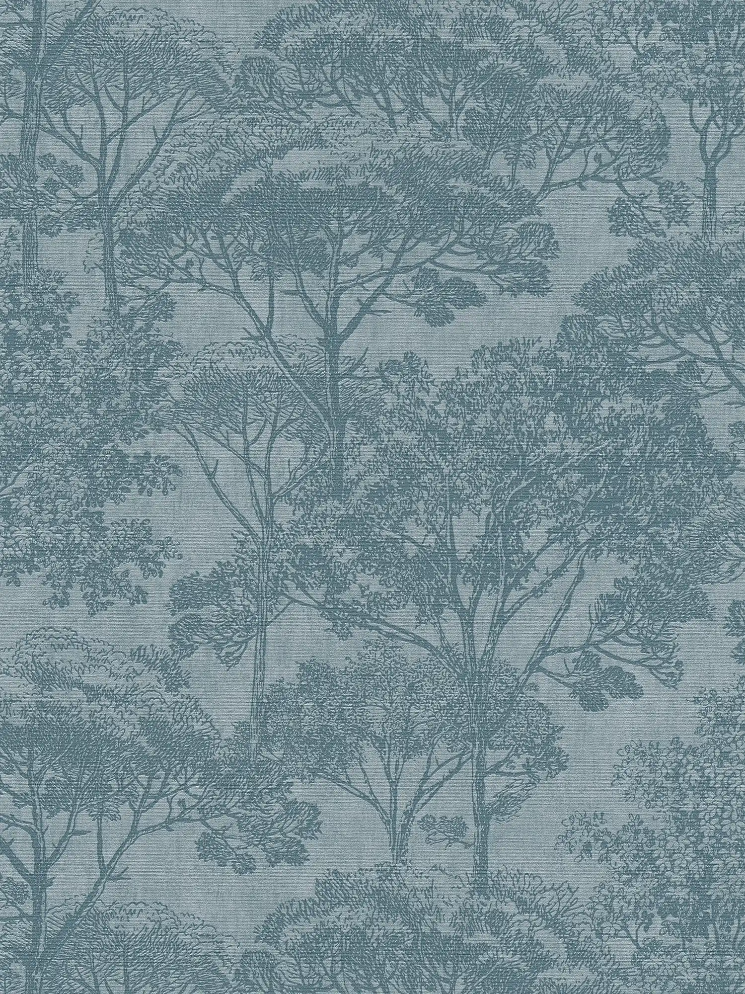 Papier peint naturel pétrole avec aspect lin & motif arbre - bleu
