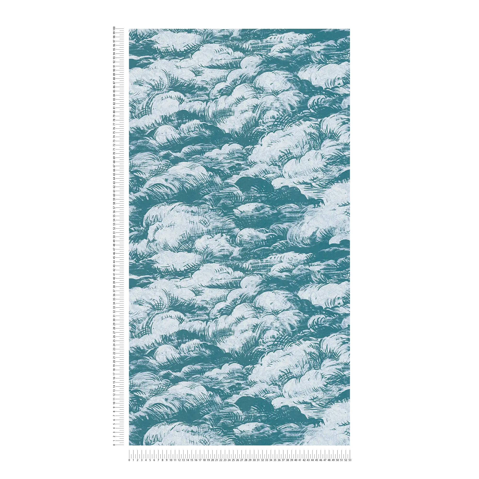             Papier peint bleu-vert nuages paysage style vintage - bleu, blanc
        