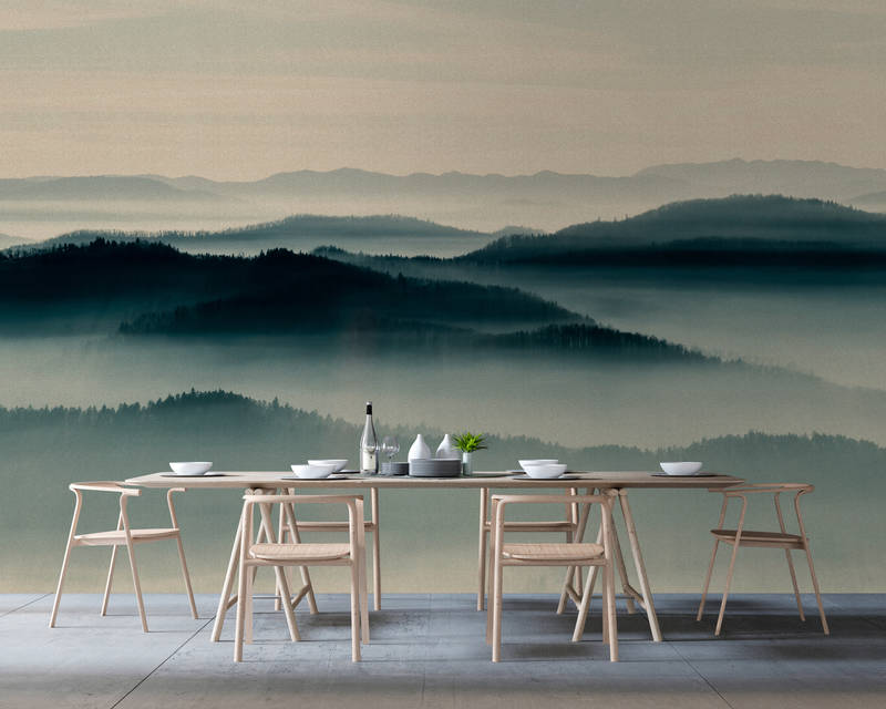             Horizon 1 - Papier peint paysage brumeux, nature Sky Line en carton structure - beige, bleu | nacré intissé lisse
        