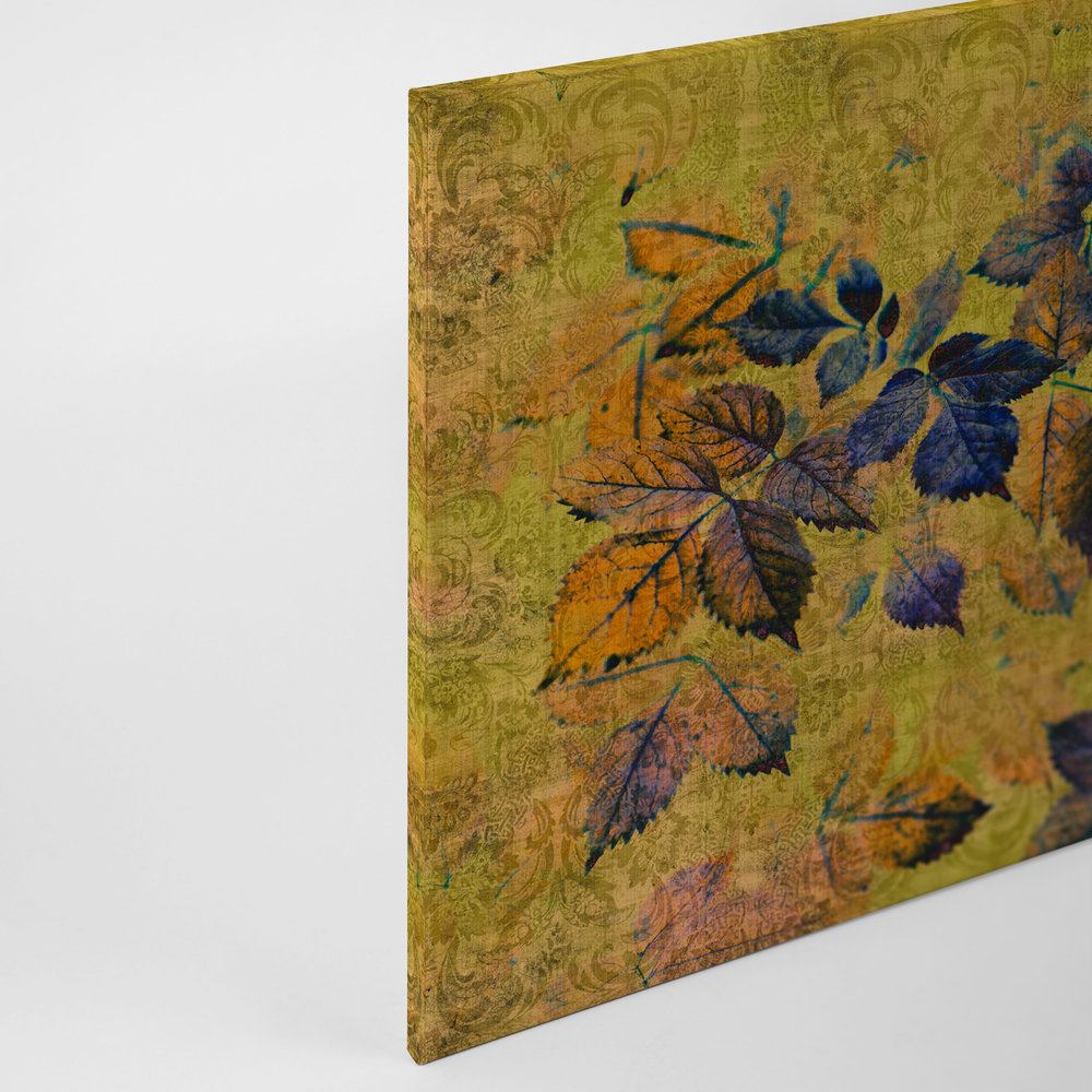             Indian summer 1 - Tableau toile avec feuilles et ornements en structure lin naturel - 0,90 m x 0,60 m
        