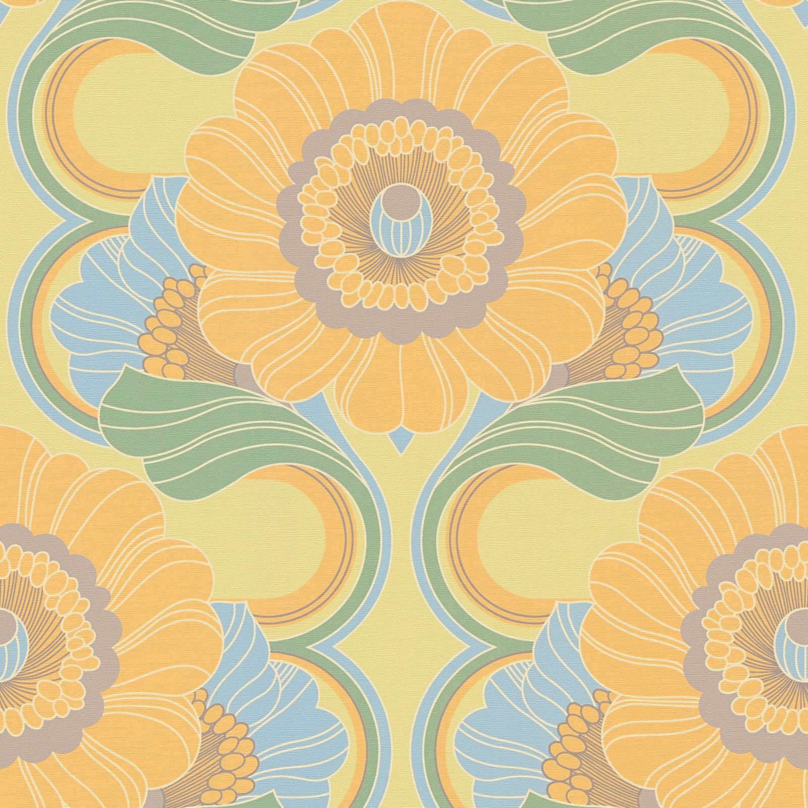             Papel pintado retro con textura ligera y motivos florales - azul, amarillo, verde
        