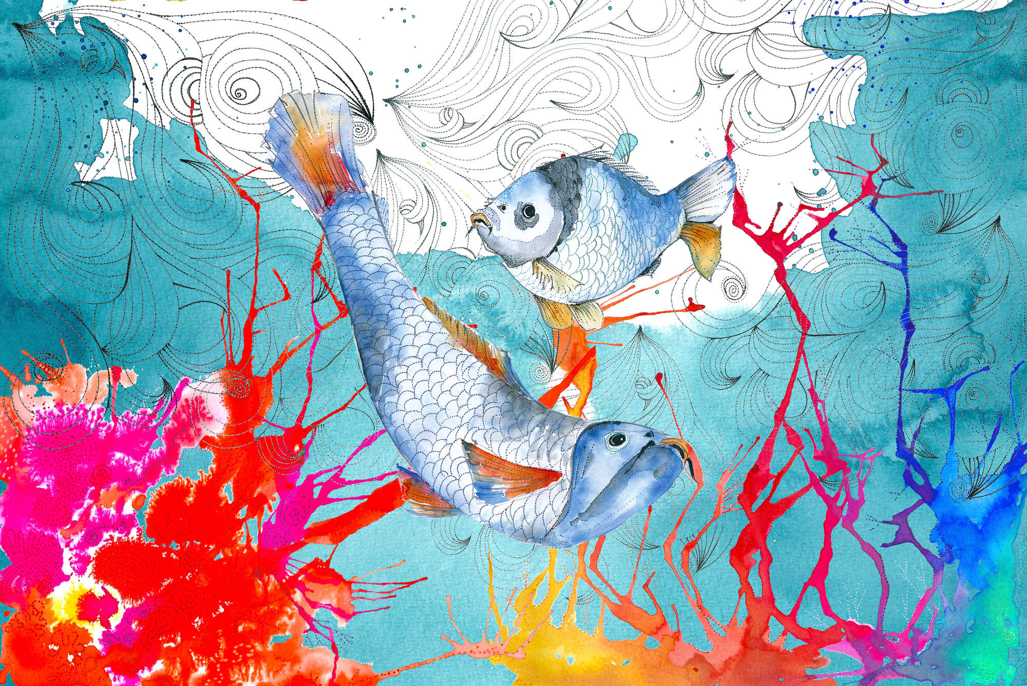             Papel pintado de acuarela con motivo de peces en azul y rosa sobre tejido no tejido texturizado
        
