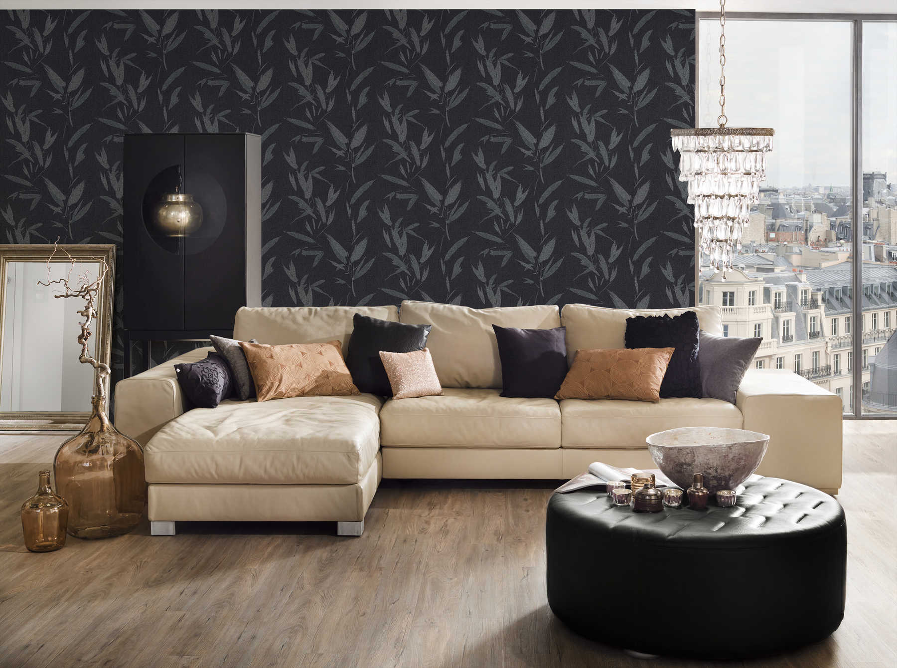             Leaves wallpaper abstract with textile look - black, grey
        