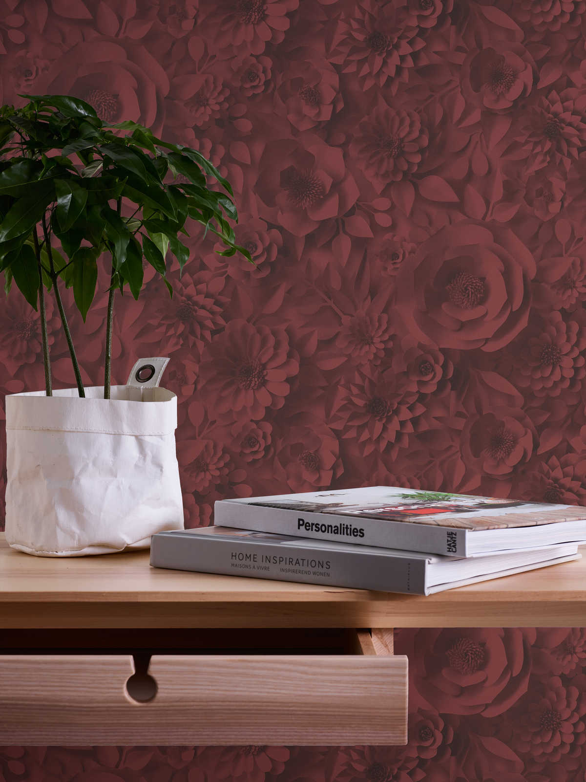             3D wallpaper with paper flowers, graphic floral pattern - red
        