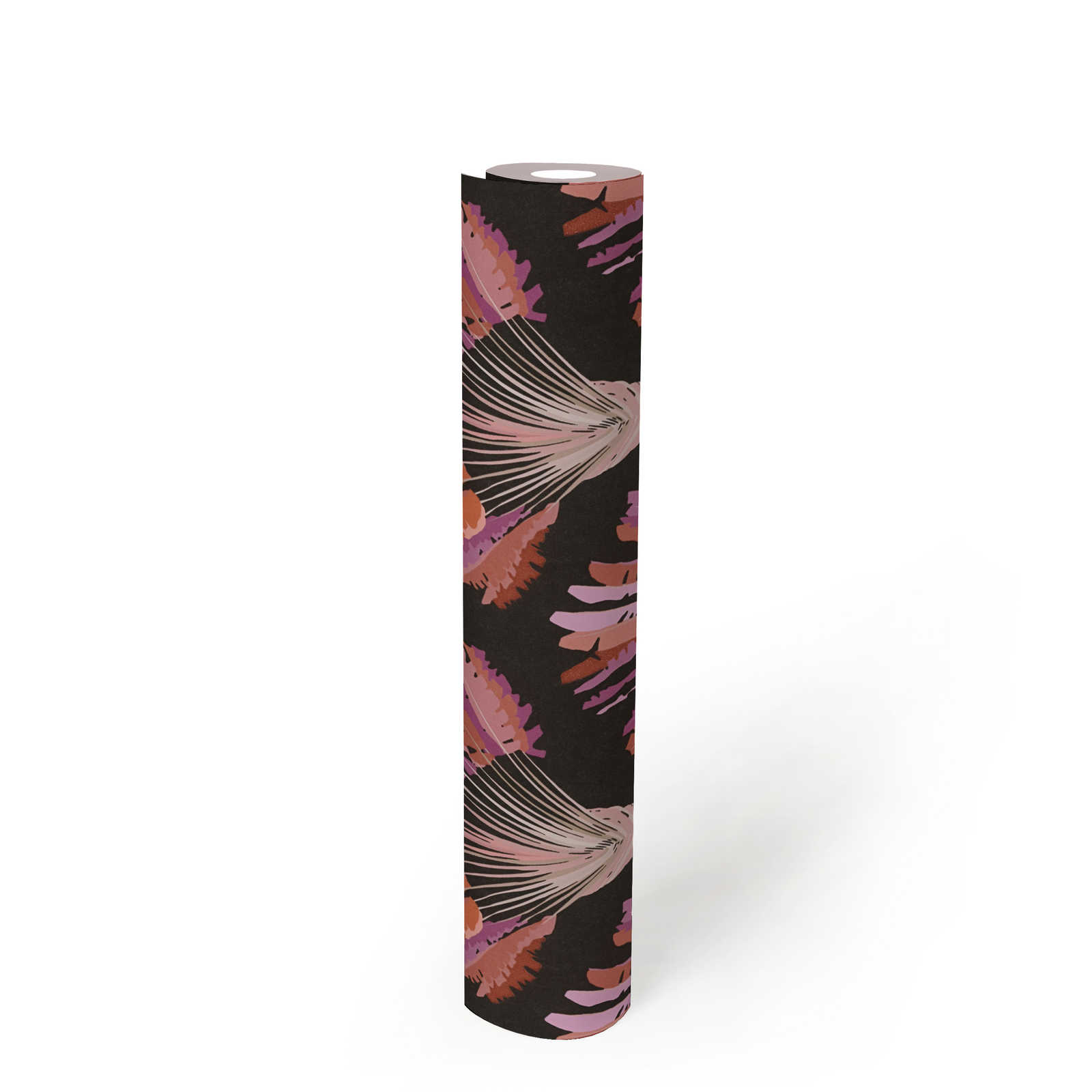             Zwart behang met paars palmmotief
        