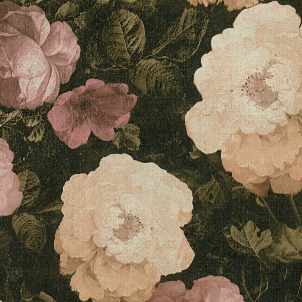             Flores de rosas de papel pintado, rosas de matorral y arbustos - rosa, crema, verde
        