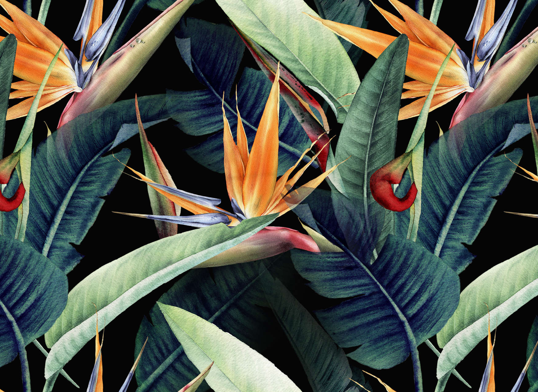             Digital behang Jungle motief geschilderd met bladeren - Groen, Oranje, Bont
        