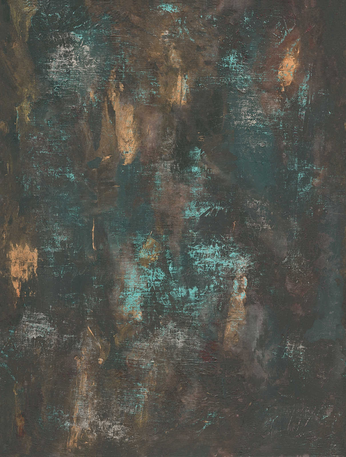            Wallpaper in abstract plaster look with dark colours - black, gold, turquoise
        