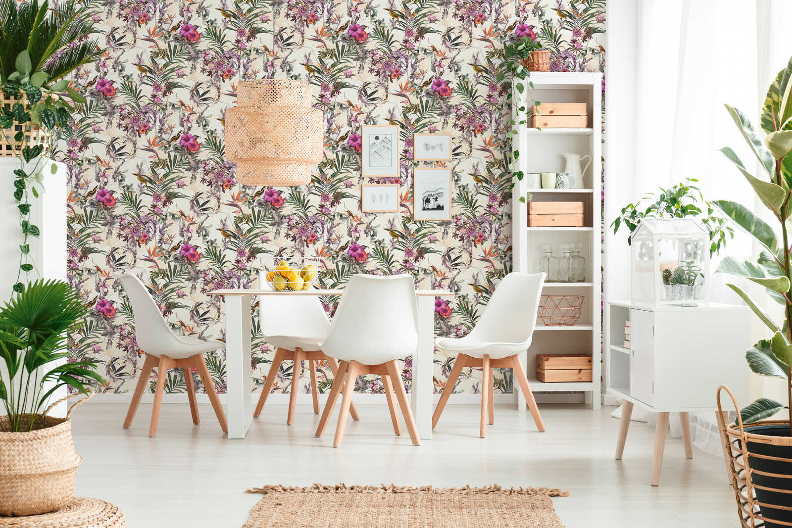             Design wallpaper flowers & birds in Art style - beige, green, pink
        
