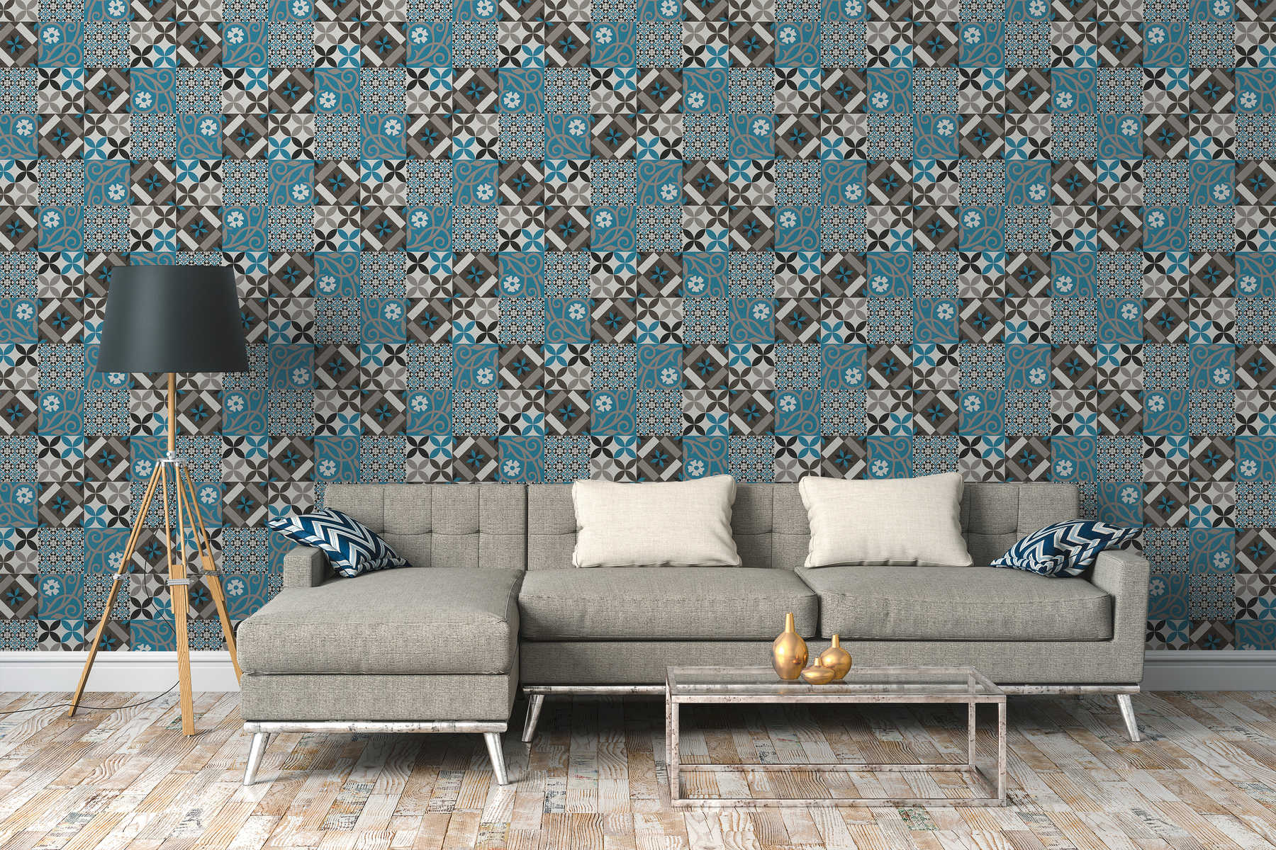             Non-woven wallpaper tiles pattern mix - black, blue, anthracite
        