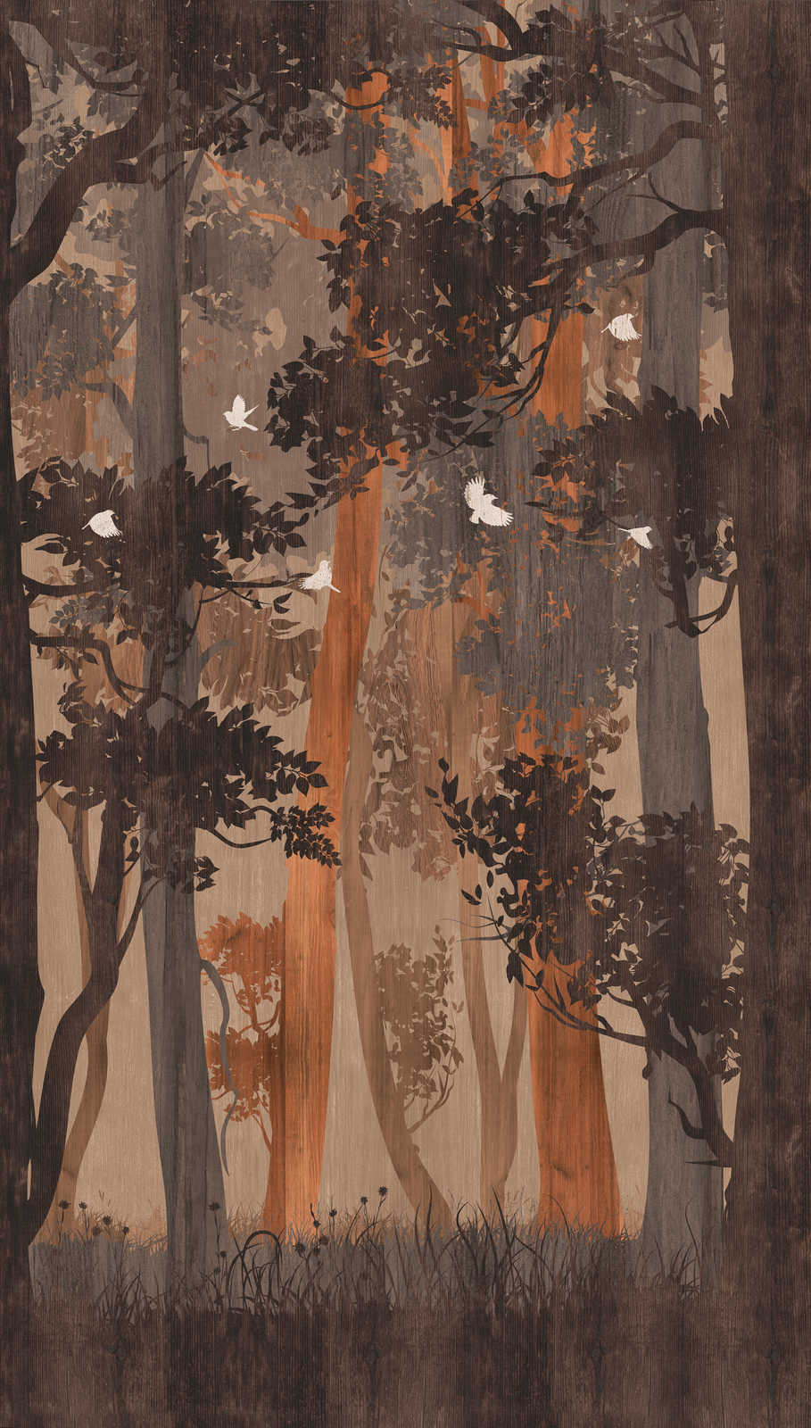             Papel pintado no tejido motivo bosque en colores otoñales con pájaros - azul, beige, naranja
        