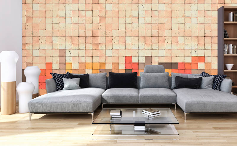             Muurschildering Tetris stijl, 3D beton, kubus mozaïek - Geel, Oranje, Rood
        