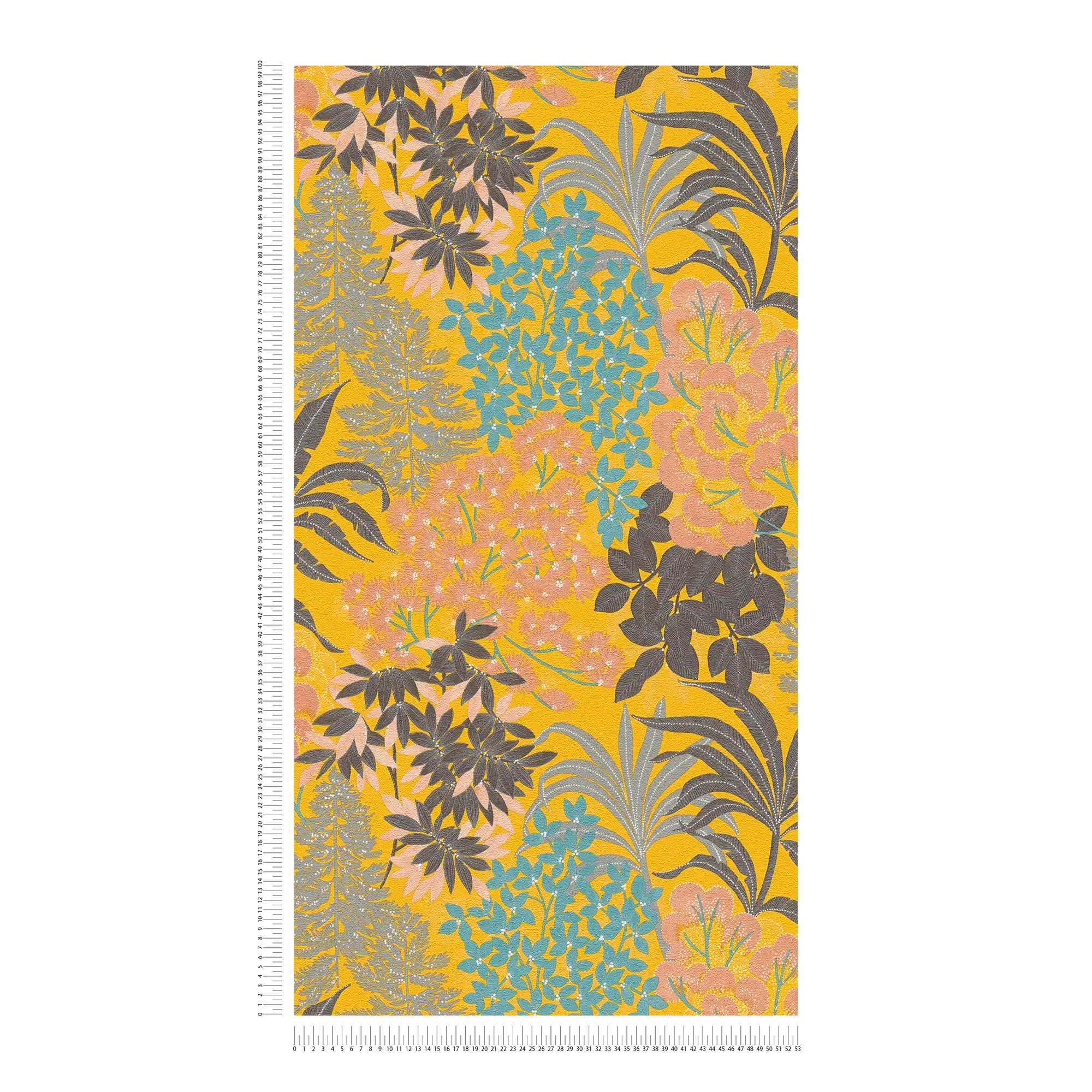             Eye-catching floral wallpaper in bold colours - yellow, black, pink
        