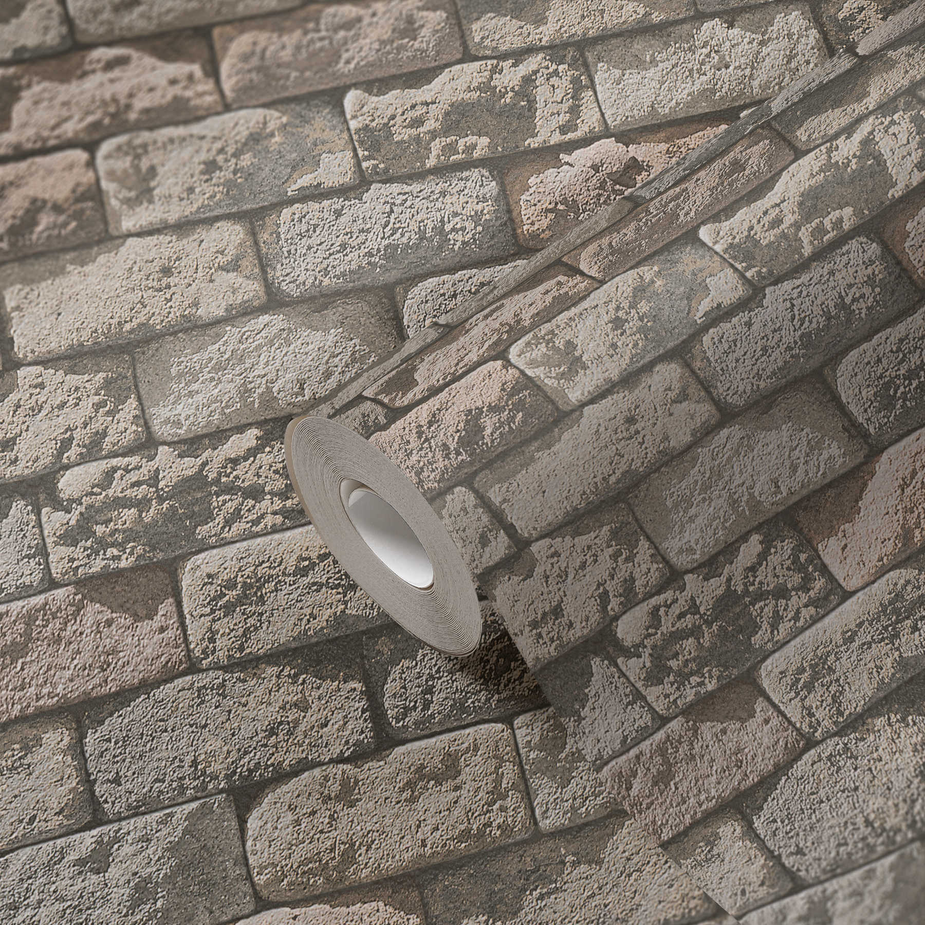             Carta da parati in pietra con mattoni, ombre e ottiche 3D - beige, crema
        