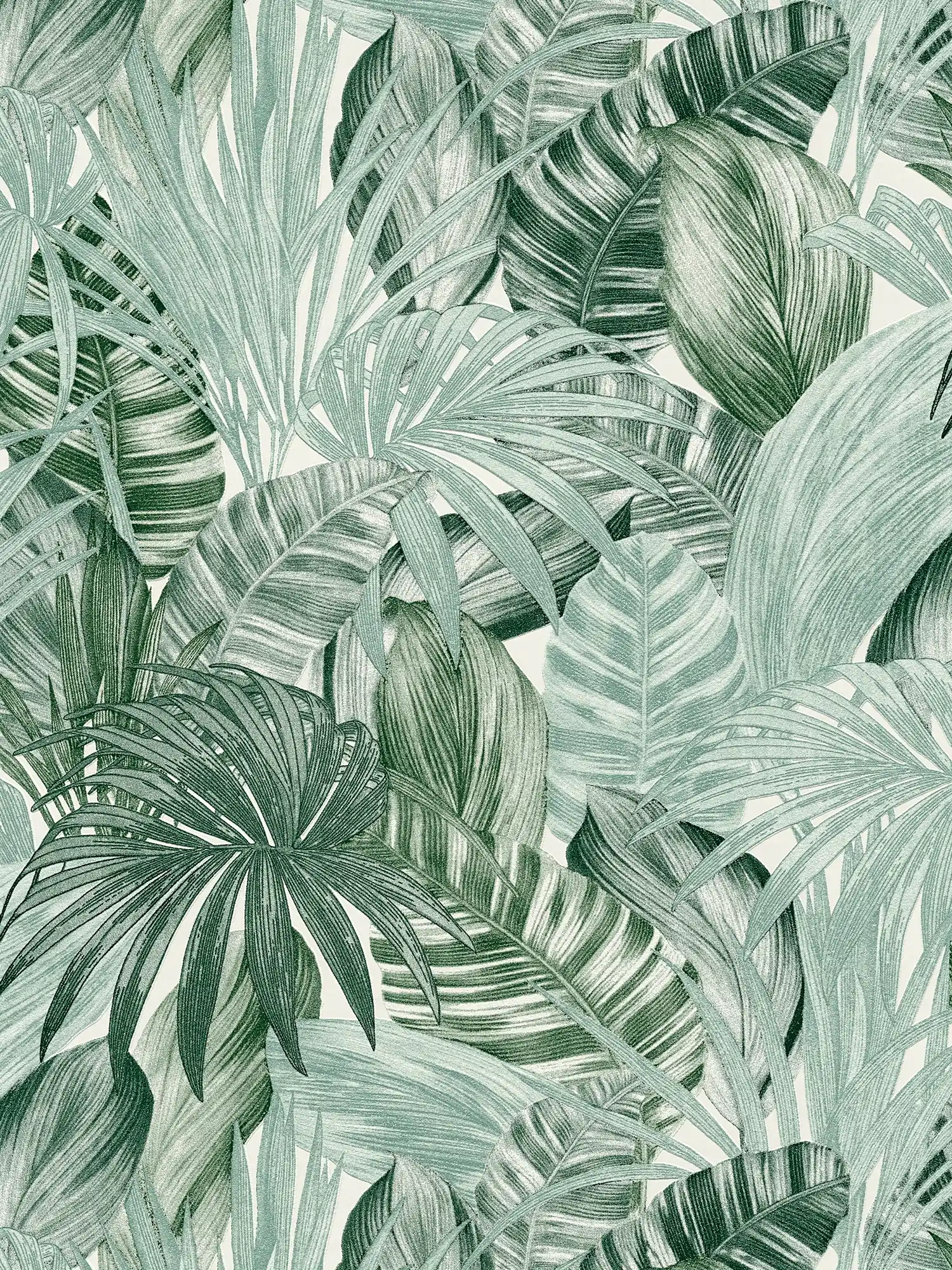 Papier peint à motifs avec feuilles dans le style dessin - vert, blanc
